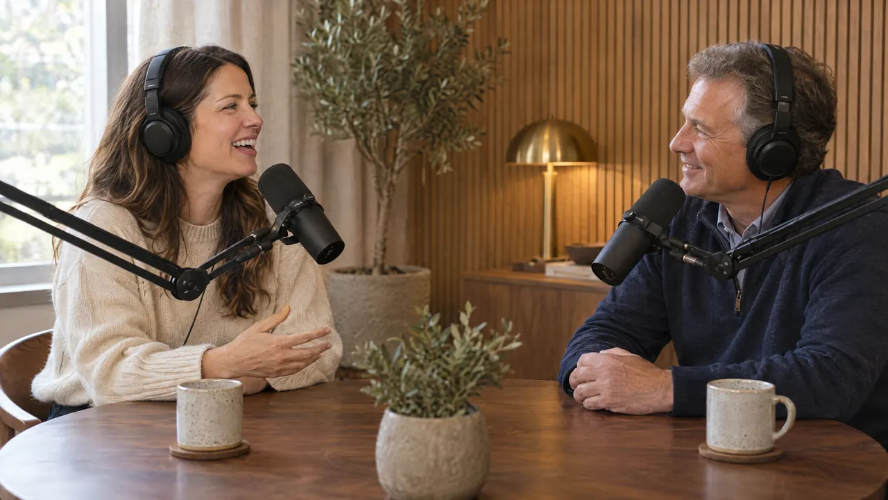 Two people laugh while recording a podcast at a walnut table.