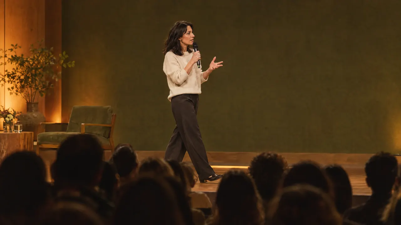 A speaker with a microphone walks the stage as she addresses a full conference room.